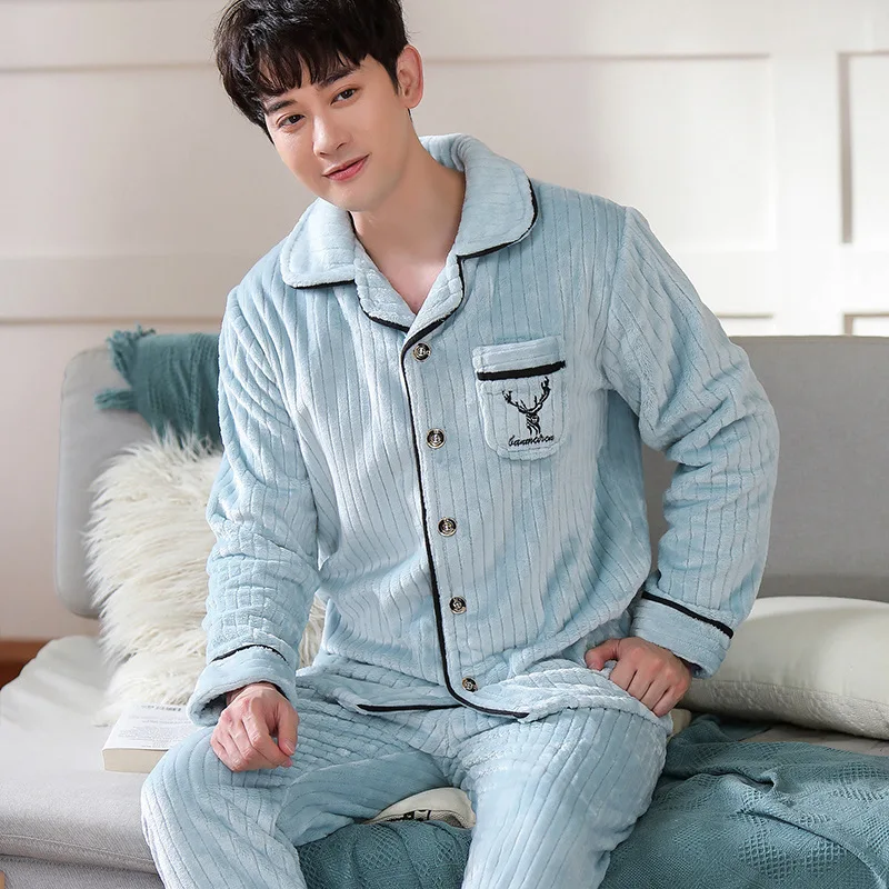 Autumn Winter Pajamas Men\'s Long Sleeve Coral Velvet New Plush and Thick Home Suit Set Comfortable Warm Daily Wear Pijama