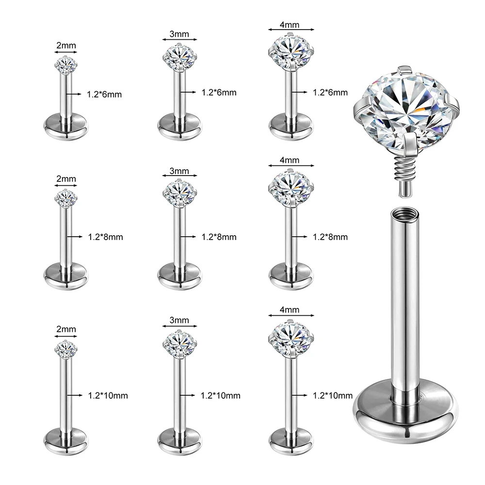 3 PCS ASTM-F136 G23 Titanium Steel Labret Lip Piercing Men Women Round CZ Crystal Ear Cartilage Helix Piercings 6/8/10MM