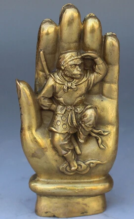 

Copper Brass CHINESE crafts Asian Elaborate Interesting Chinese brass sculpture - sun wukong in the tathagata Buddha's hand