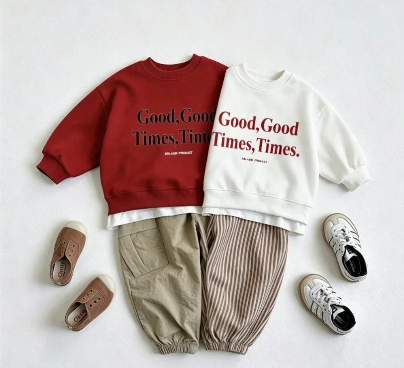 Toddler Boys And Girls Good Times Letter Print Sweatshirt Cotton Casual Pullover Tops Baby Clothing Little Kid Sportswear Tops