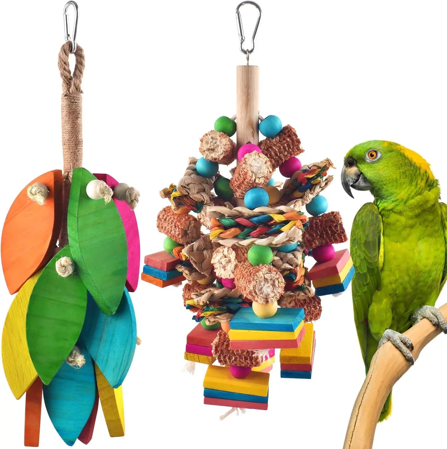 

2 Pcs Large Bird Toys, Natural Corn Cob Parrot Chew Toy, Multicolored Leaf-Shaped Chewing Wood Blocks for Large and Medium-Sized