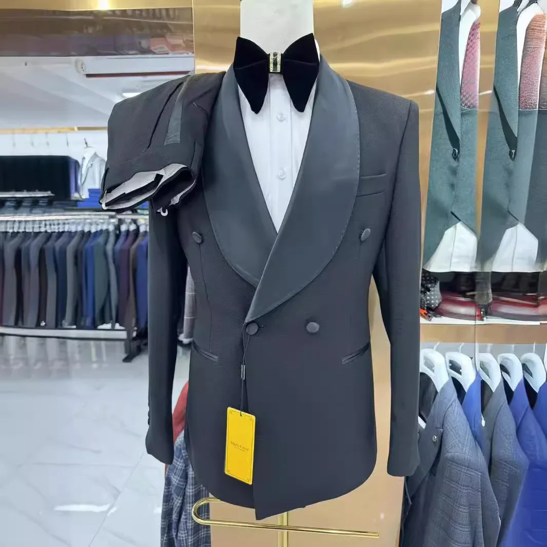 Double Breasted Wedding Men Suits for Groom Tuxedo 2 Pcs Shawl Lapel Slim Fit Male Suit Jacket with Pants In Stock