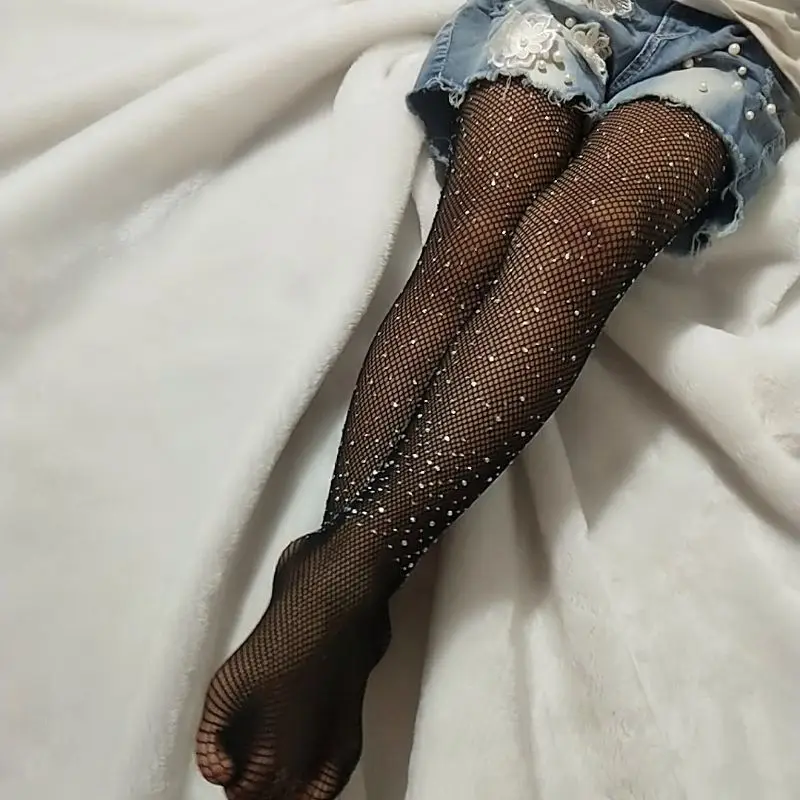 Kids Girls Tights Fashion Fishnet Stockings Hollow Lace Rhinestone Glitter Pantyhose for Children Girl Summer Mesh Baby Socks