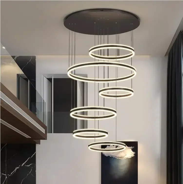 Modern Circles Led Pendant Lights Minimalism Dimmable Living Room Duplex Villa Stair Ceiling Chandelier Lighting Lustre Fixtures