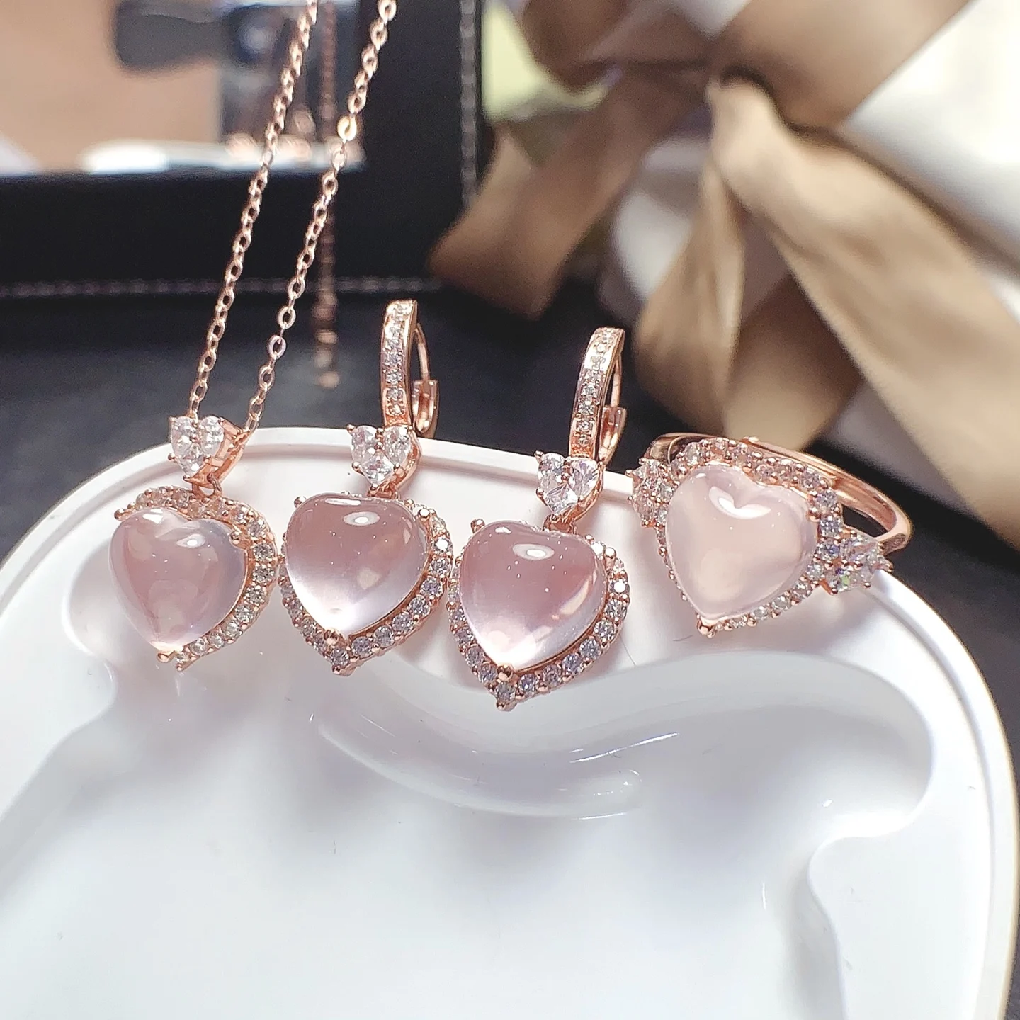 FS 10mmNatural Rose Quartz Real S925 Sterling Silver Ring Earrings Pendant 3PC Set for Women Fine Charm Weddings Jewelry MeiBaPJ