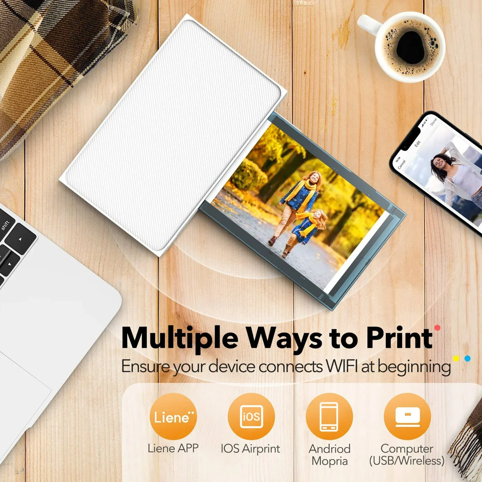 Photo Printer Wireless 4x6in Picture USB/Battery Printing WiFi Connect Smartphone Computer 20 PhotoPaper Cartridge 300DPI