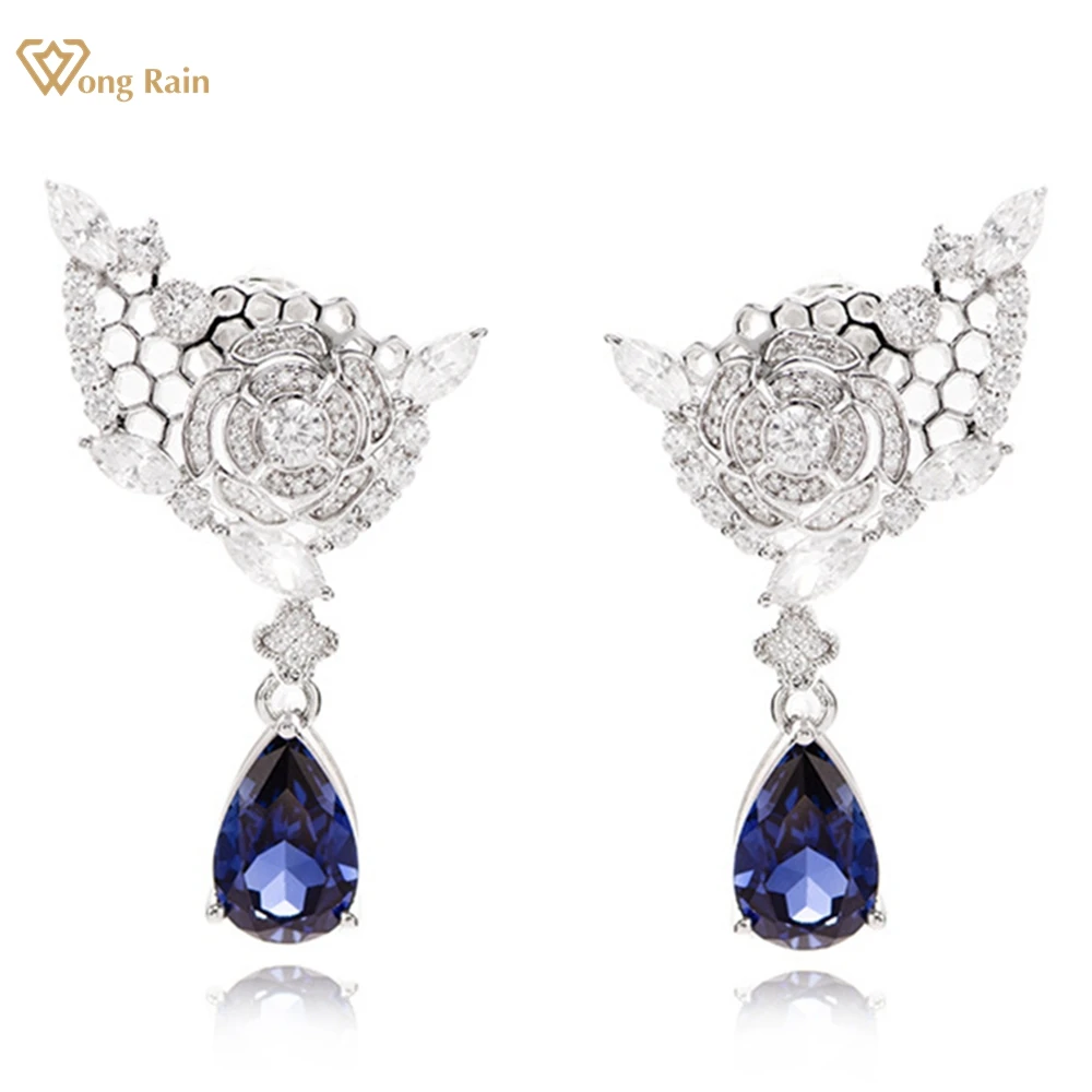 

Wong Rain 925 Sterling Silver Pear Cut Sapphire High Carbon Diamond Gemstone Drop Dangle Earrings Wedding Party Fine Jewelry