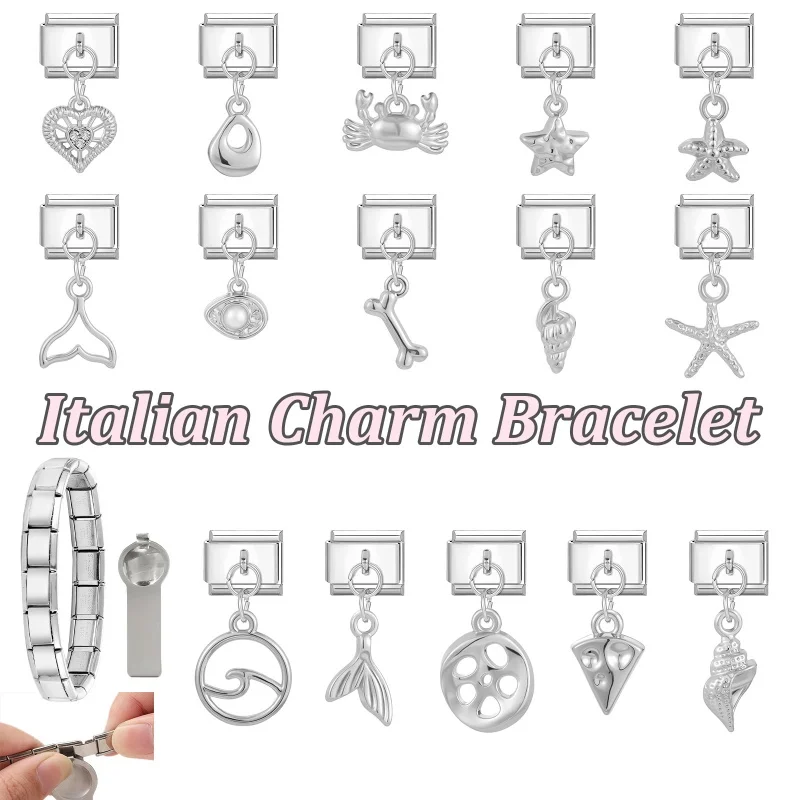 Y2K Ocean Series Pendant Fishtail Shell Starfish Crab Bead Fit 9mm Italian Charm Bracelet Stainless Steel DIY Making Wholesale