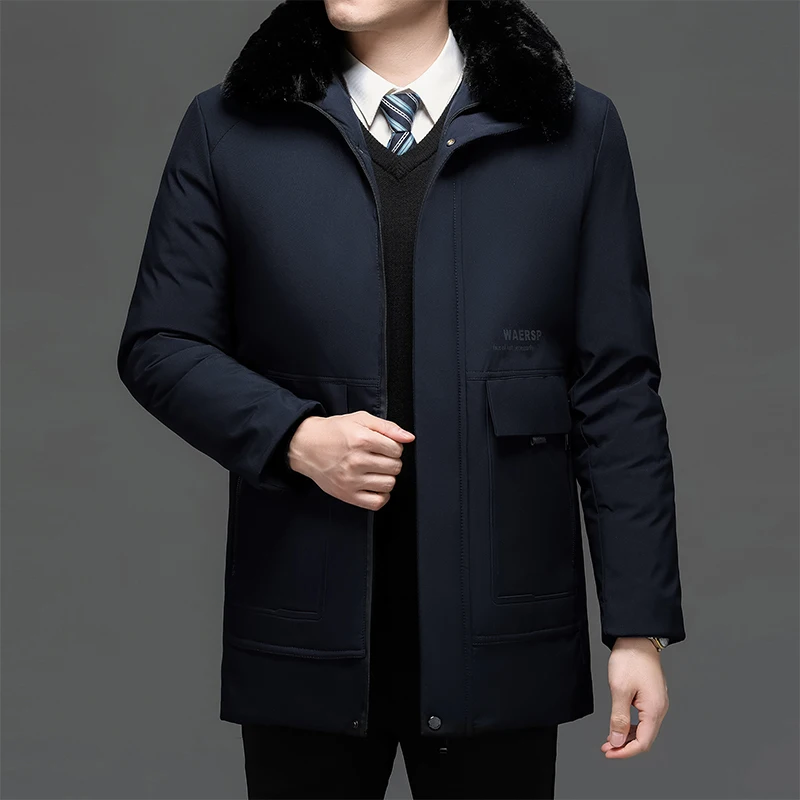 2024 Coat Men\'s Cotton Jacket Winter Clothing Middle-aged And Elderly Thickened & Warm Wool Collar Mid Length Overalls For Men