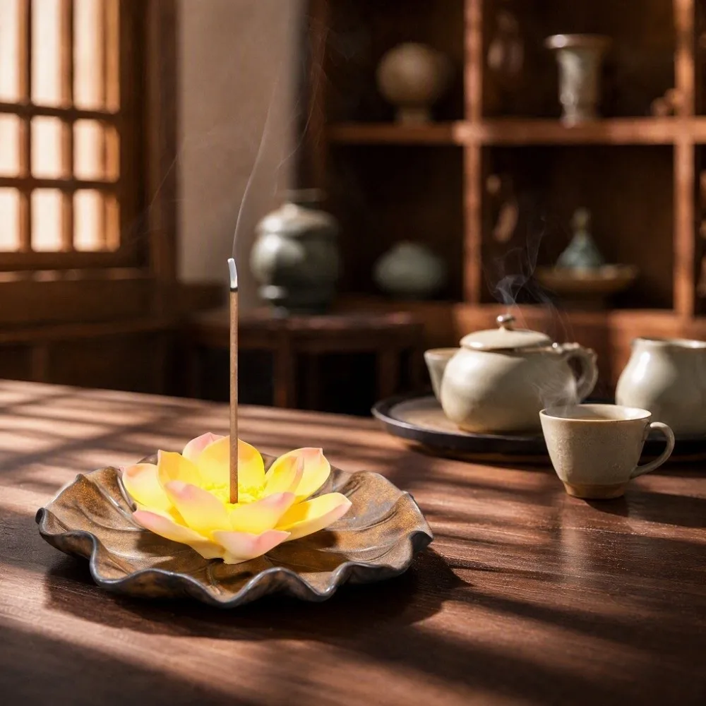 Zen Chinese Style Lotus Incense Burner Sleep Aid Ceramics Lotus Censer Holder Desk Decor Ornament Lotus Incense Stick