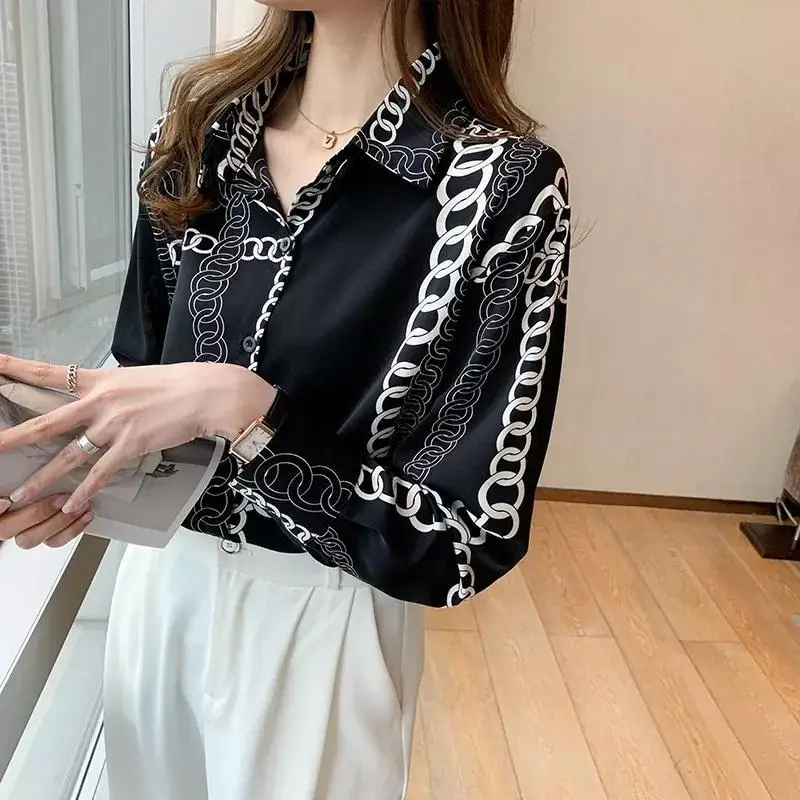 Casual Temperament Printing Single-breasted Blouse Women Classic Long Sleeve Office Fashion All-match Lady Chiffon Shirt