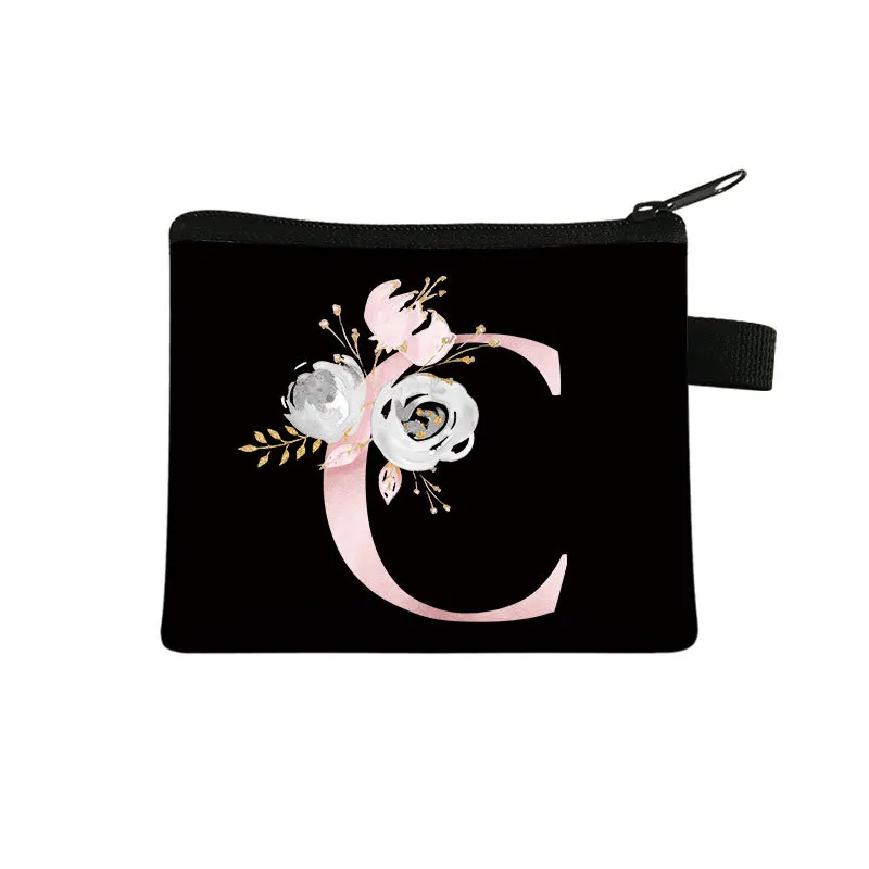 Pink Gold Letter Flower Print Purses For Women Square Zipper Woman Wallet Black Small Bags Clutch Bag Lip Stick Holder Coin Bags