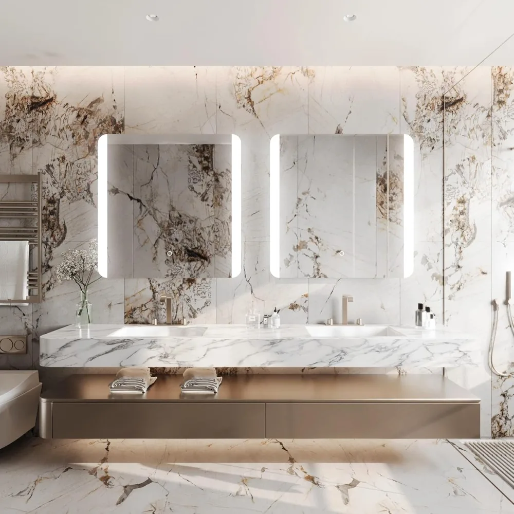 Espelho de vaidade retroiluminado LED retangular sem moldura com cantos arredondados e vidro inquebrável para uso em banheiro