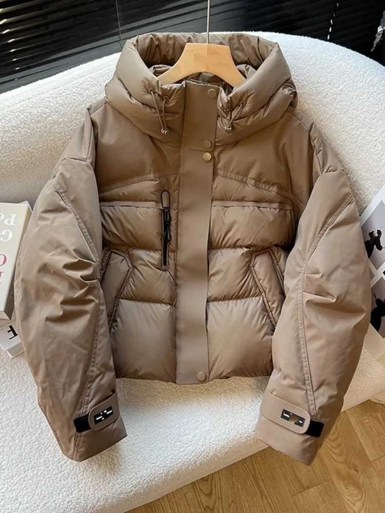 Autumn Winter Womens Puffer Jacket Short Hooded Down Coat Zippers Workwear Thick Warm Outerwear Loose Fit Fashion Solid Coats