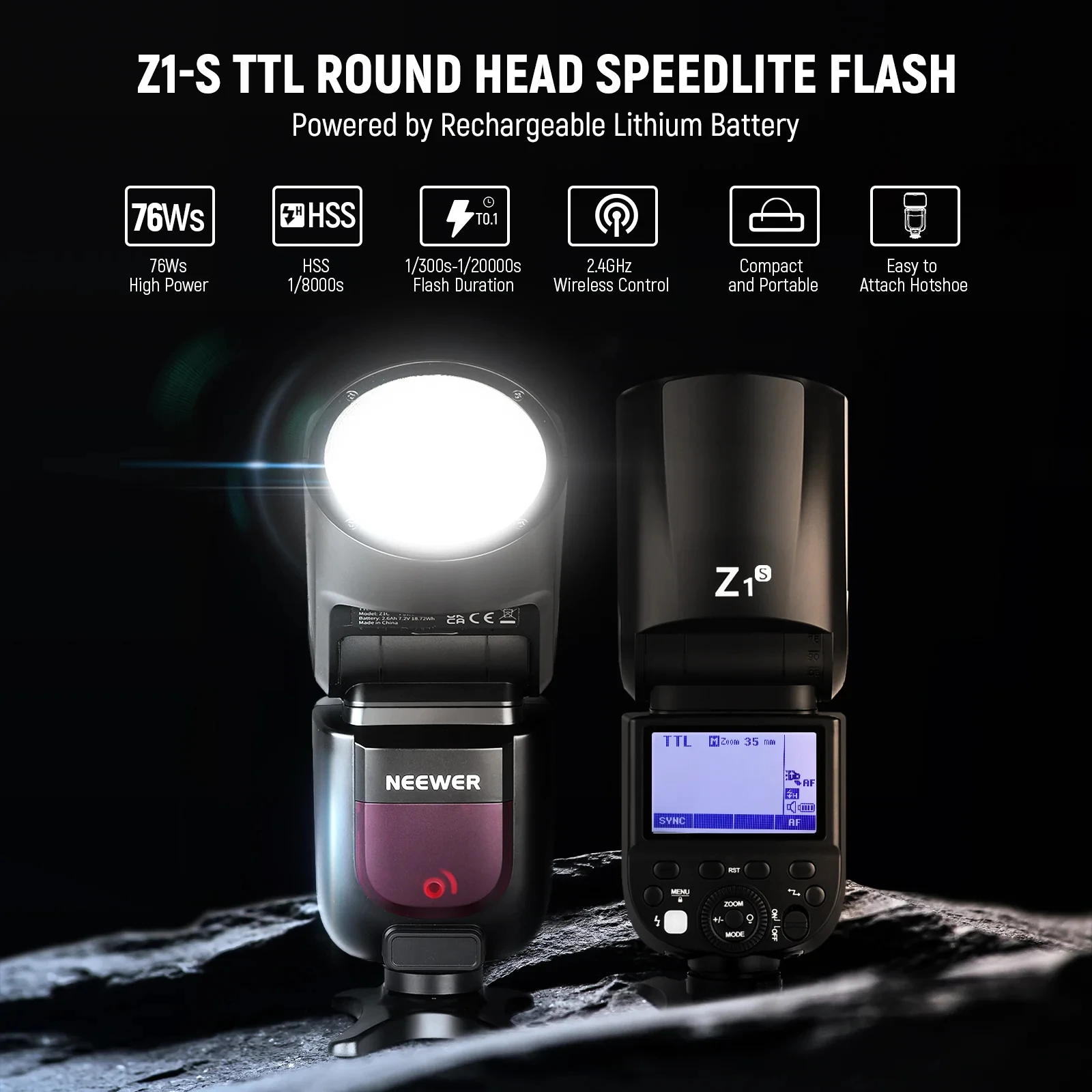 NEEWER Z1 TTL Round Head Flash Speedlite for Nikon/Canon/Sony Camera 76Ws 2.4G 1/8000s HSS Speedlight with Modeling Lamp