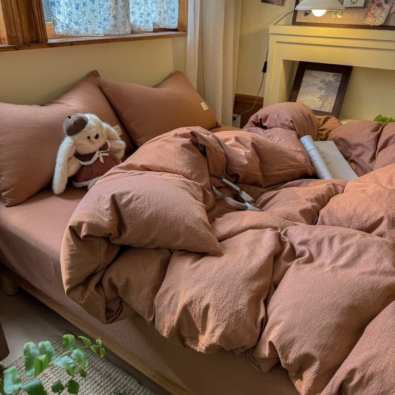 

2026 New Solid-color Choux Pastry Double-layer Gauze Duvet Cover 150x200 220x240 Quilt Cover