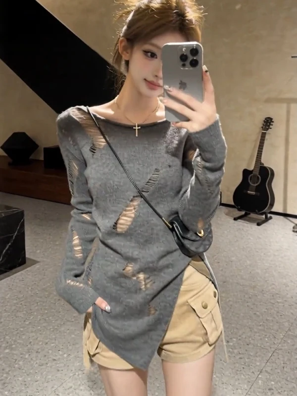

Gray Slit Design Long Sleeve Knitted Sweater Women's Lightweight Outerwear UV Protection Cover up Top Elegant Style Spring Su...