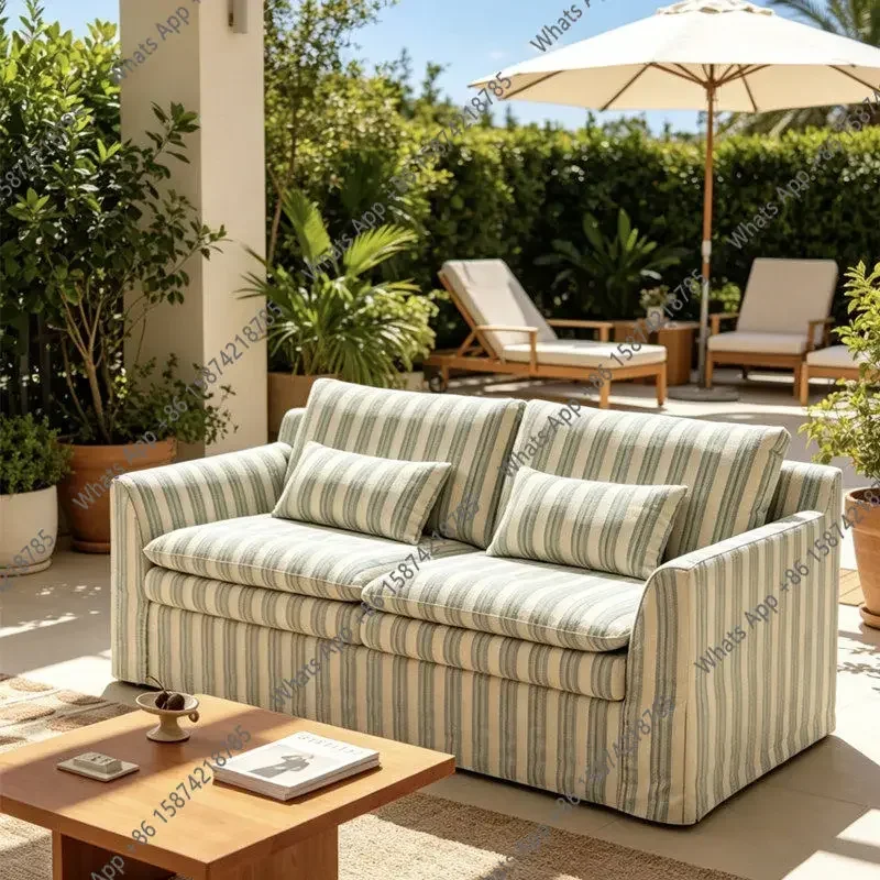 N5 Wabi Sand French Cream Wind Green Stripe Fully Disassembled And Washed Straight Row Three-person Sofa Homestay Designer