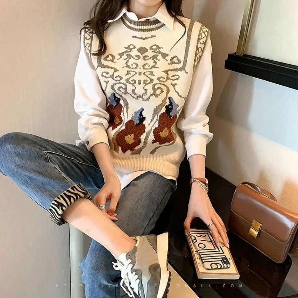 Retro Embroidered Women\'s Knitted Vest Sleeveless Tops Sweater Waistcoat Korean Fashion Keep Warm Autumn Winter Coat Grace