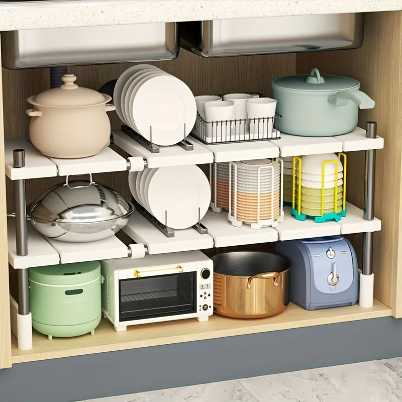 Kitchen Under Sink Adjustable Rack Multifunctional Dish Pans Snacks Cookware Storage Rack Countertop Cabinet Kitchen Accessories