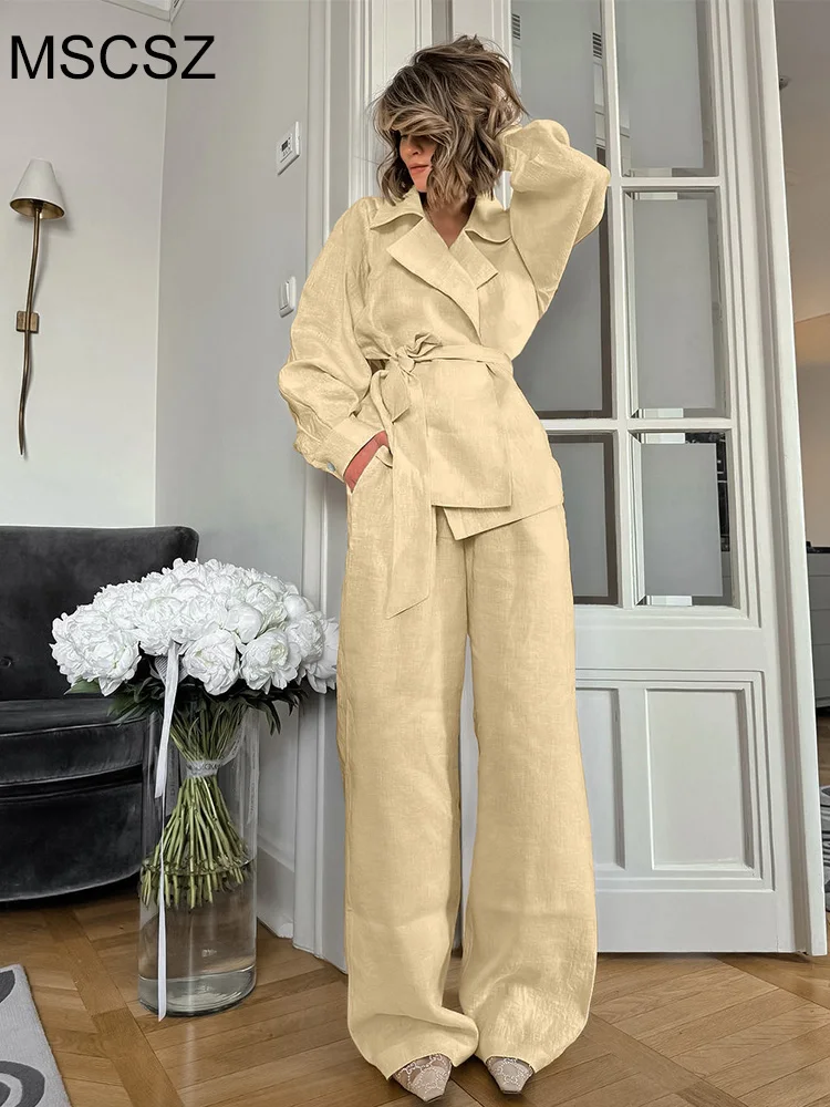 MSCSZ Fashion Cotton Two Piece Suit Woman Long Shirt & Wide Pants Sets Spring Autumn Elegant Woman Outfit