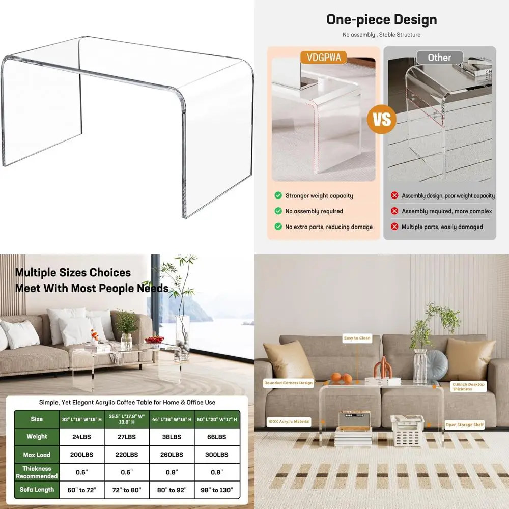 

Acrylic Coffee Table Premium 32-Inch, Clear Lucite Living Room Furniture, Rectangular Plexiglass Waterfall Design, Easy Assembly