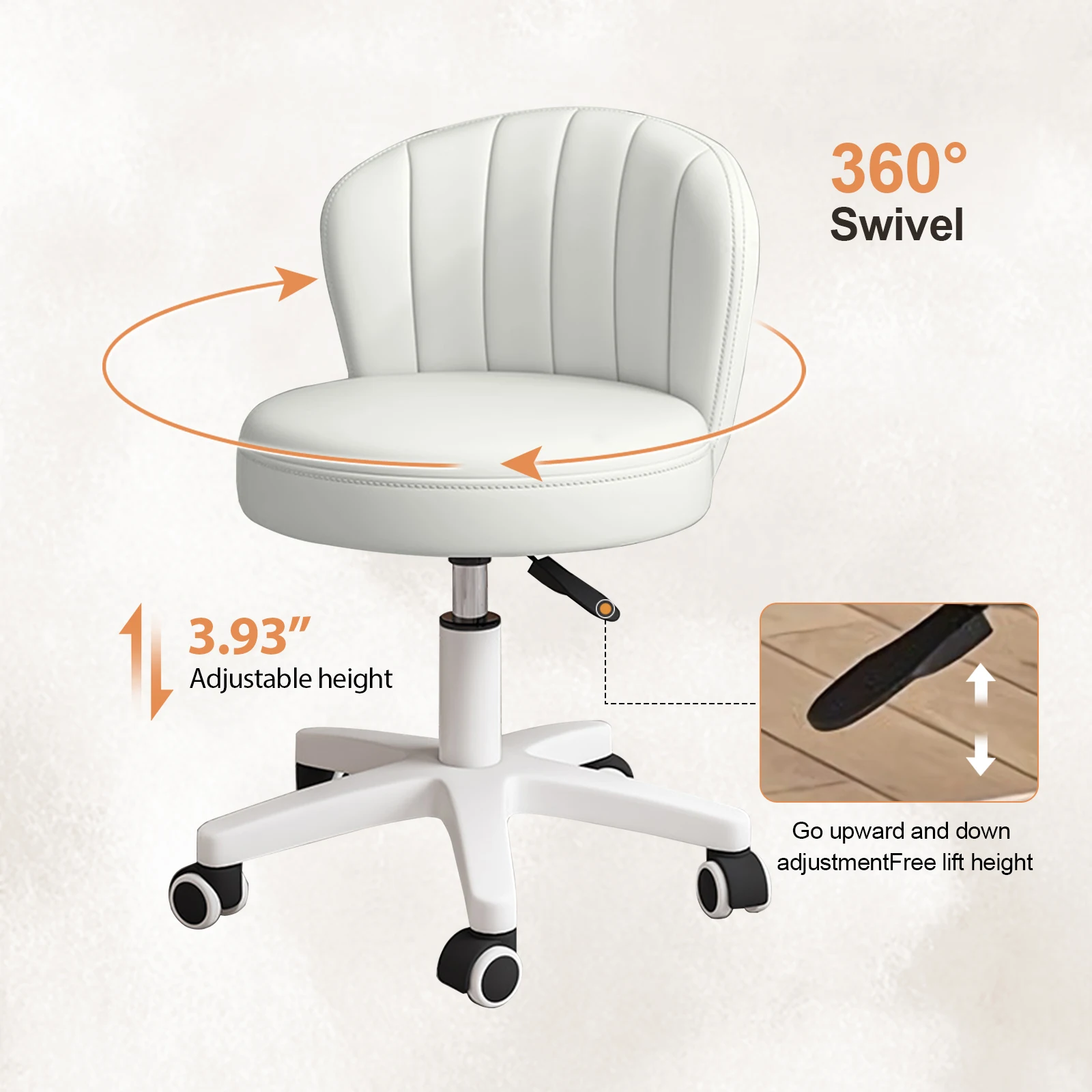 Small Round Rolling Desk Chair Armless Comfy Vanity  with Low Backrest PU Leather Height Adjustable Swivel Work Spa Chair image 4