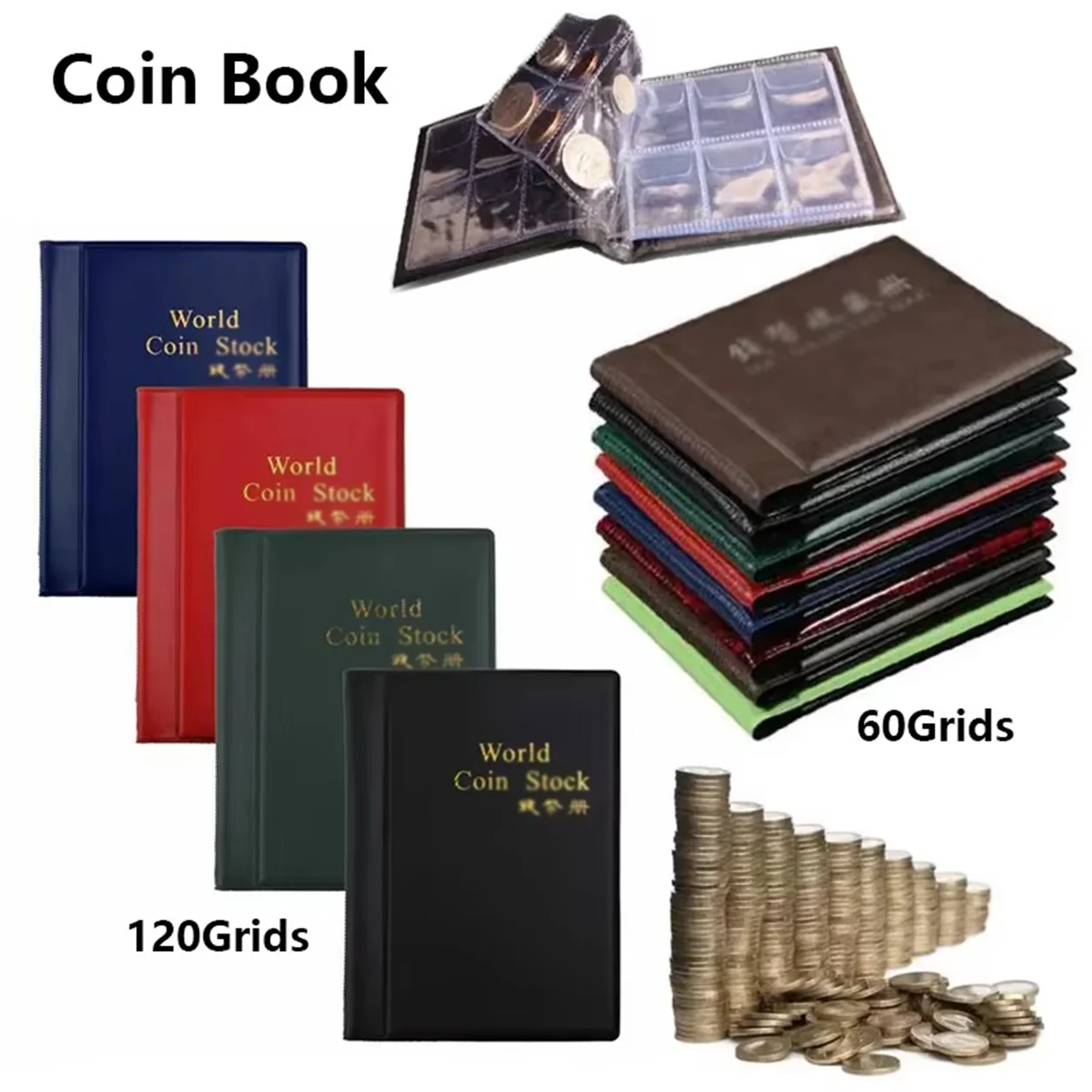 120/60 Grid Coinning Album Books Coinning Holders World Coinning Storage Collecting Album Book PU Case Collection Pockets