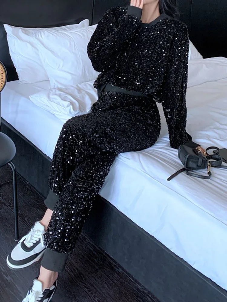 Bling Sequins Round Neck Sweatshirt Harem Pants Two-Piece Set Autumn Winter New Hoodies High Waist Harem Pants Outfits