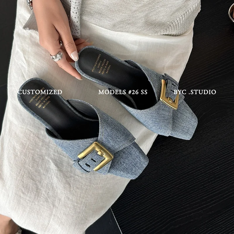 2026 new summer women sandals natural leather 22-25.5cm weave cowhide/denim+sheepskin buckle mules low heel women shoes fashion
