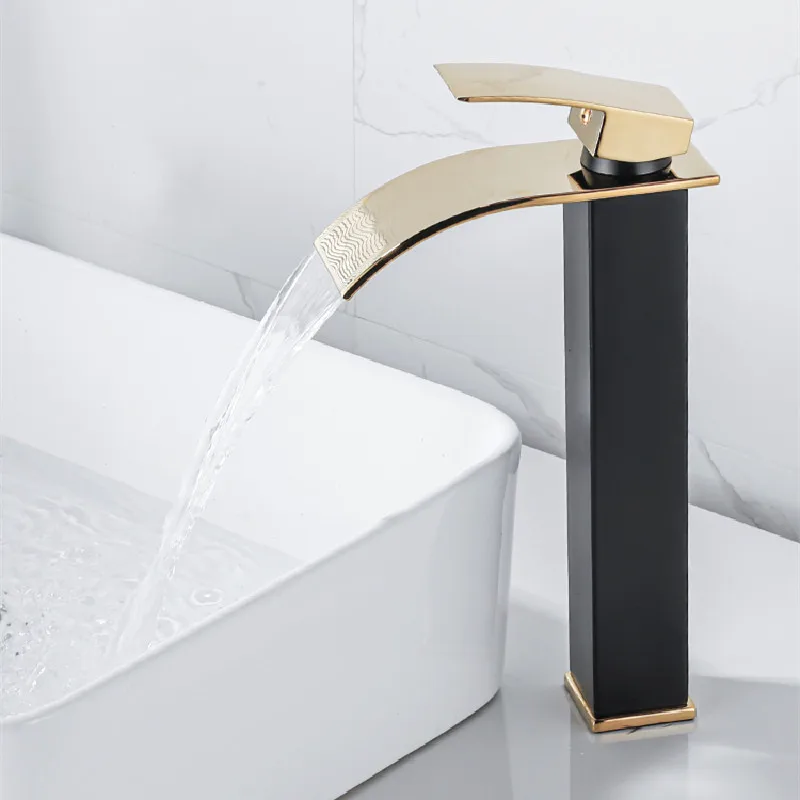 

Solid Brass Bathroom Basin Waterfall Faucet Sink Mixer Hot & Cold Single Handle Deck Mounted Lavatory Crane Water Tap Black Gold