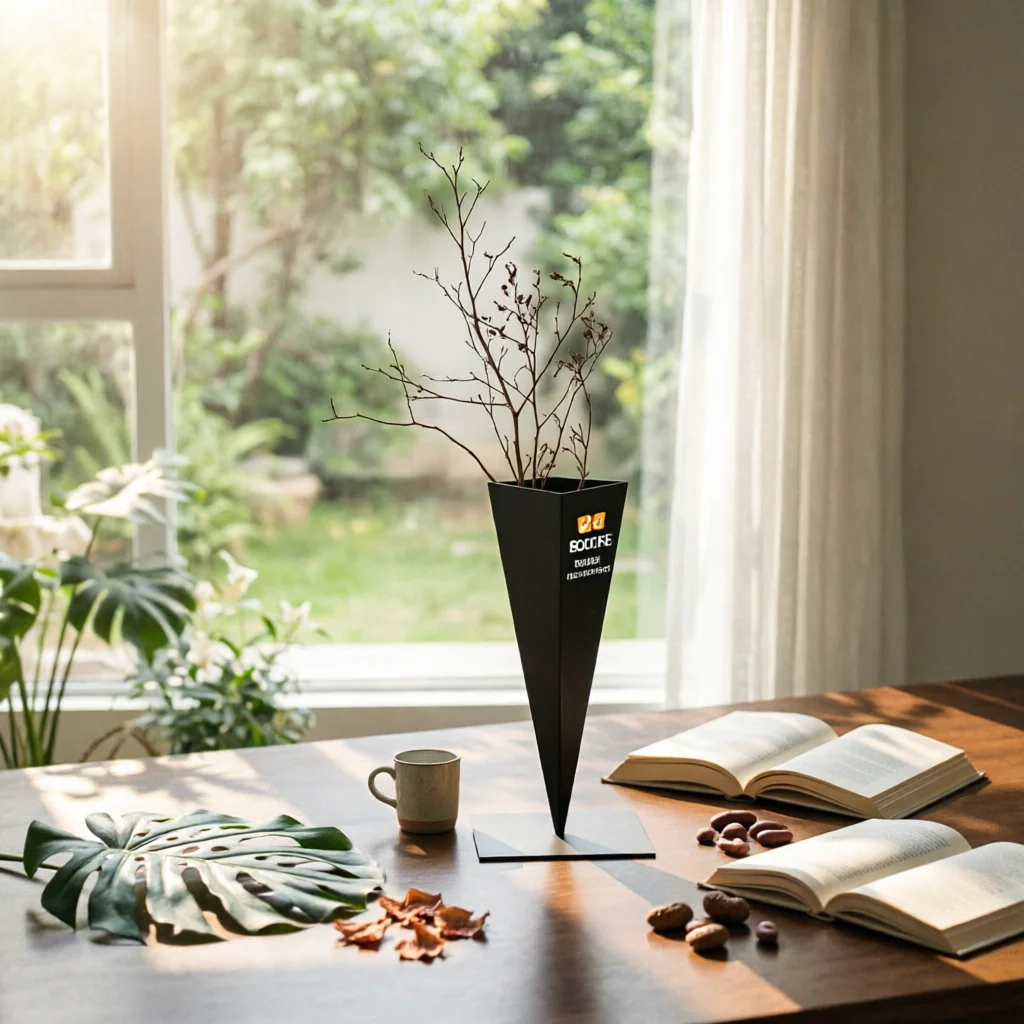 Iron Vase with Square Base Slender Triangular Vase Flower Holder Modern Vessel Contemporary for Minimalists, Living Room
