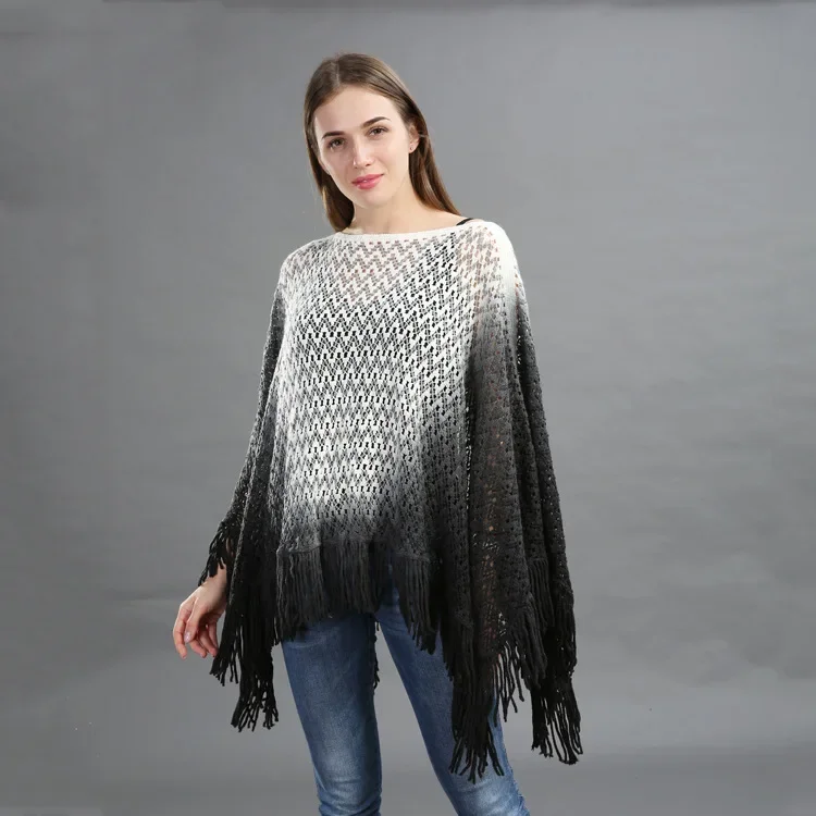 Primavera otoño nuevo chal Irregular de doble capa ahuecado borla capa de celosía versátil Jersey suelto Poncho negro