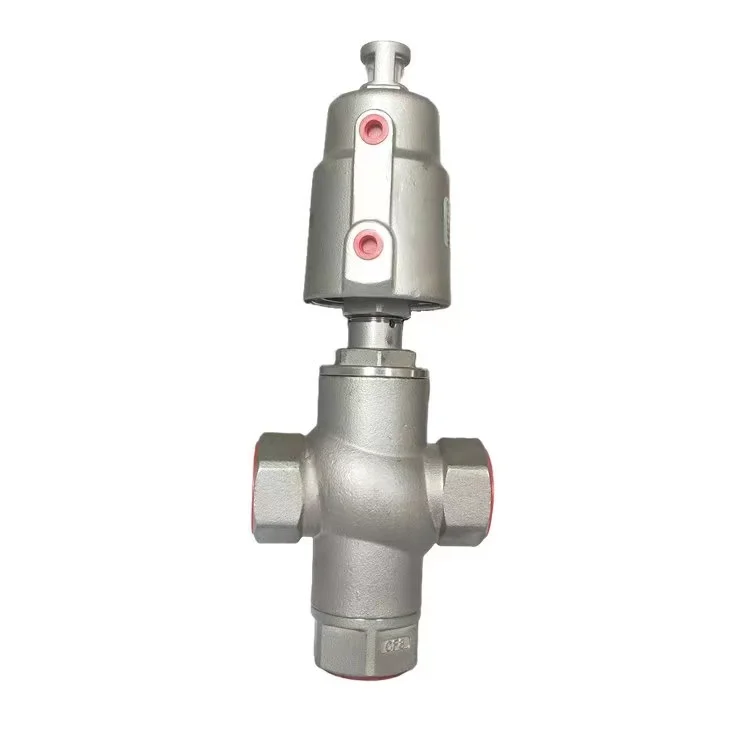 Pneumatic 3-way angle seat piston stop shut-off valve