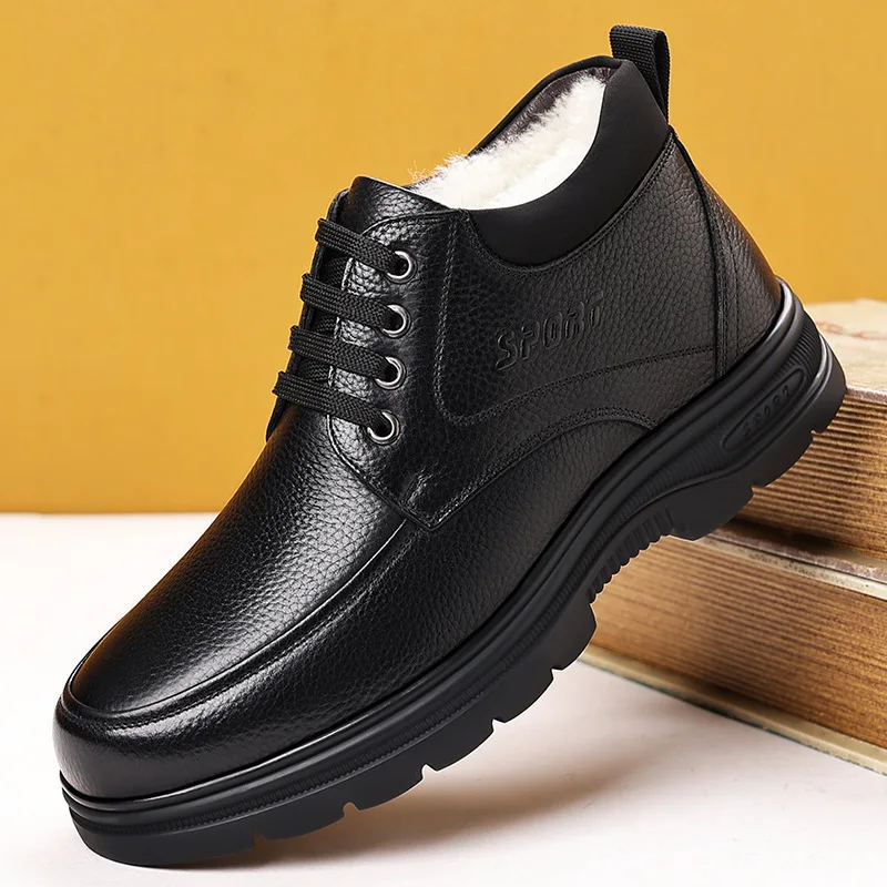 Top Quality Winter Thick Fur Shoes Men's Genuine Leather Boots 2026 High Top Casual Business Plush Ankle Snow Boots Father Work