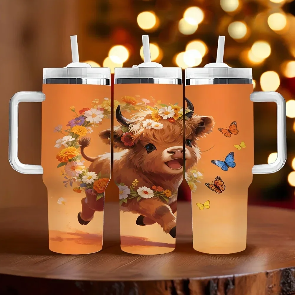 40Oz Insulated Tumbler with Handle, Cute Running Highland Cow with Flower And Butterfly Print, Keeps Temperature Long Time, Ideal Holiday And Birthday Gift for Daily And Outdoor Use