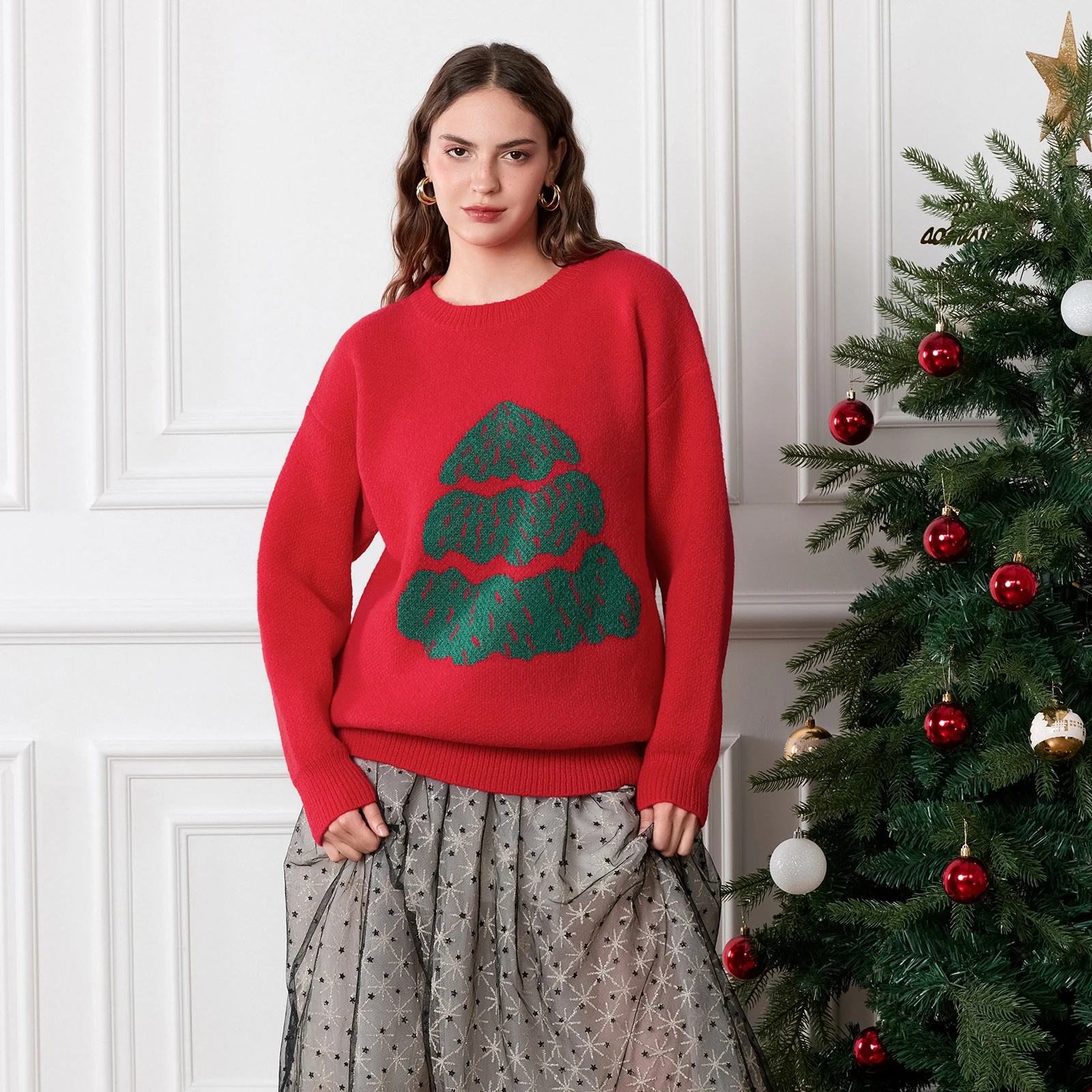 Frauen Weihnachts baum Pullover fallen Schulter Langarm Rundhals ausschnitt gerippt lose Strick oberteile