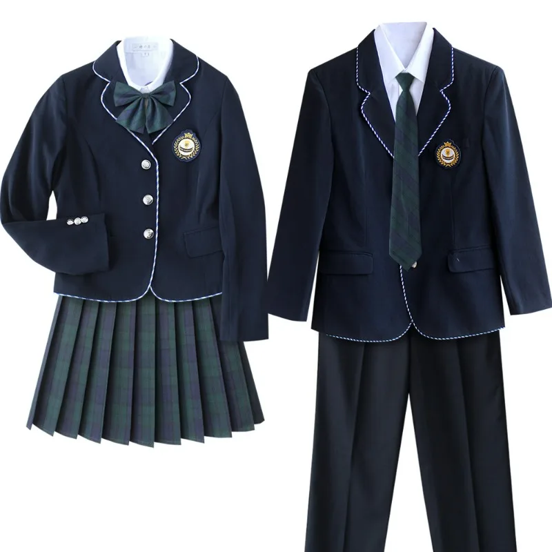 5PCS 유니섹스 한국 영국 일본 학교 유니폼 복장 애니메이션 코스프레 의상 세트 블레이저 셔츠 타이 배지 격자 무늬 스커트