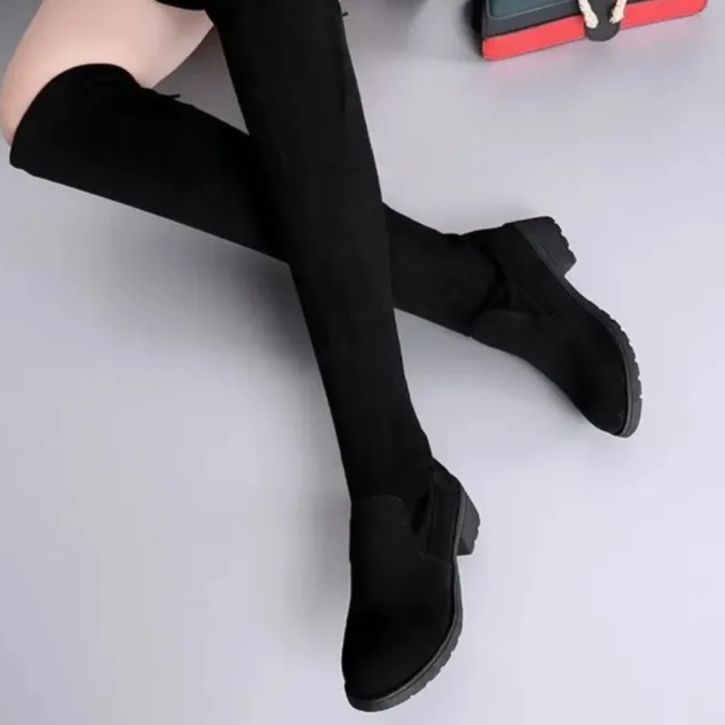 Women Boots Winter Black Over The Knee Boots 2024 New Comfort Lace Up Chunky High Heels Shoes Fashion Warm Suede Round Toe Boots