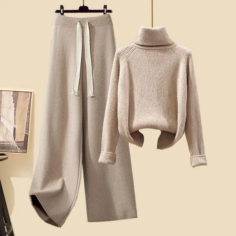 

plus Size Casual Knitted Sweater High Collar Loose Wide Leg Pants Two Piece Set for Women Spring Autumn Comfortable Lazy Style