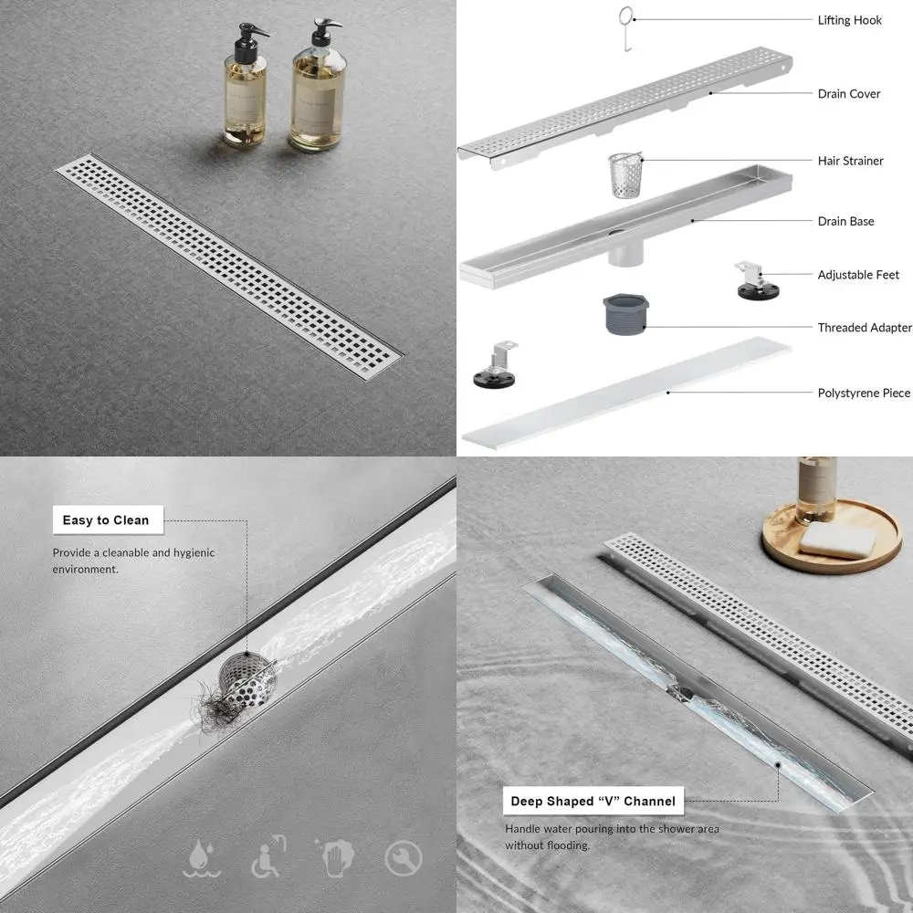 

24 Rectangular Brushed Nickel Shower Drain with Removable Grate and Leveling Feet, CUPC Certified Stainless Steel Hair Catcher