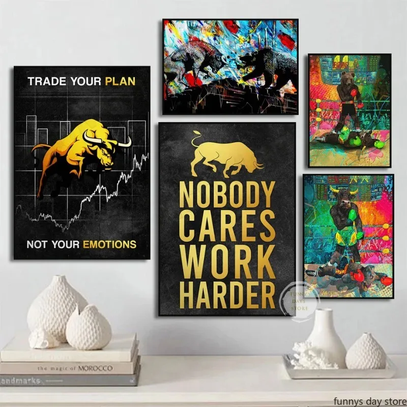 Graffiti  Bear Boxing Bull Money Art Poster Wall Pictures Financial Stock Market Motivational Canvas Printing Office Home Decor