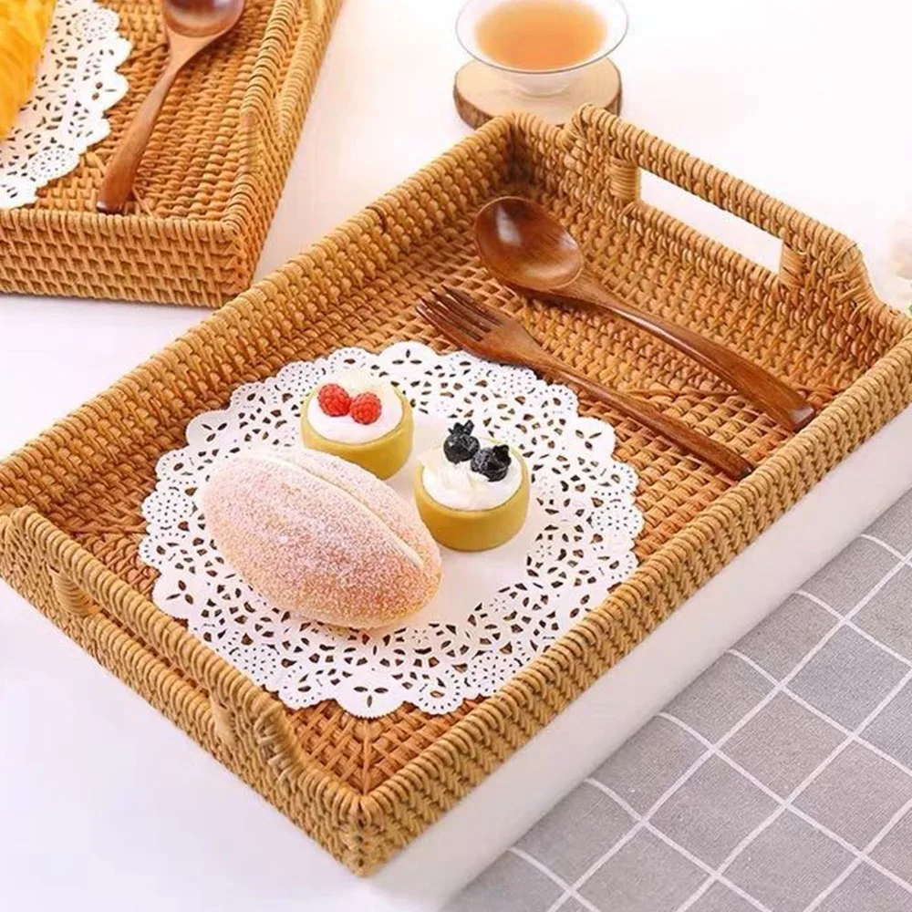 Woven Fiber Tray with Handles Side Handles Rectangular Decorative Tray Lightweight Woven Craft Food Platter Bathroom