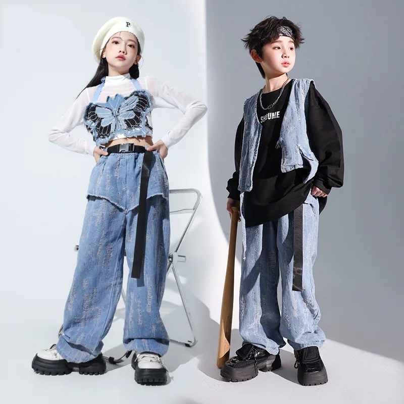 Fashion Hip Hop Dance Rave Clothes for Kids Long Sleeve Tops Denim Vest Pants Boys Girls Jazz Dance Performance Stage Costumes