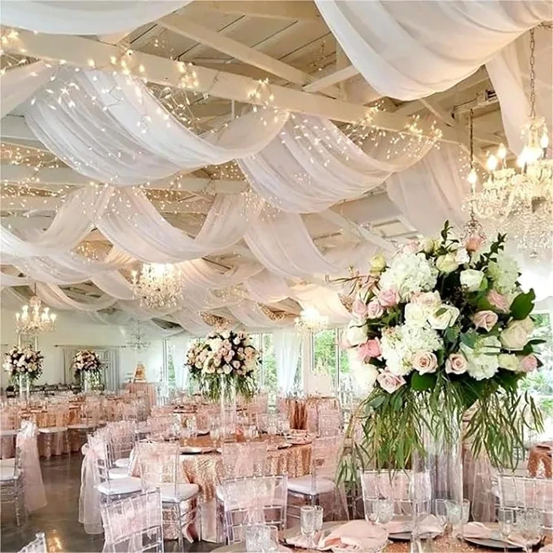 White Wedding Dress Ceiling Drapes Roof Canopy Decor Draping Fabric Chiffon Curtain For Wedding Ceremony Stage Hotel Decoration