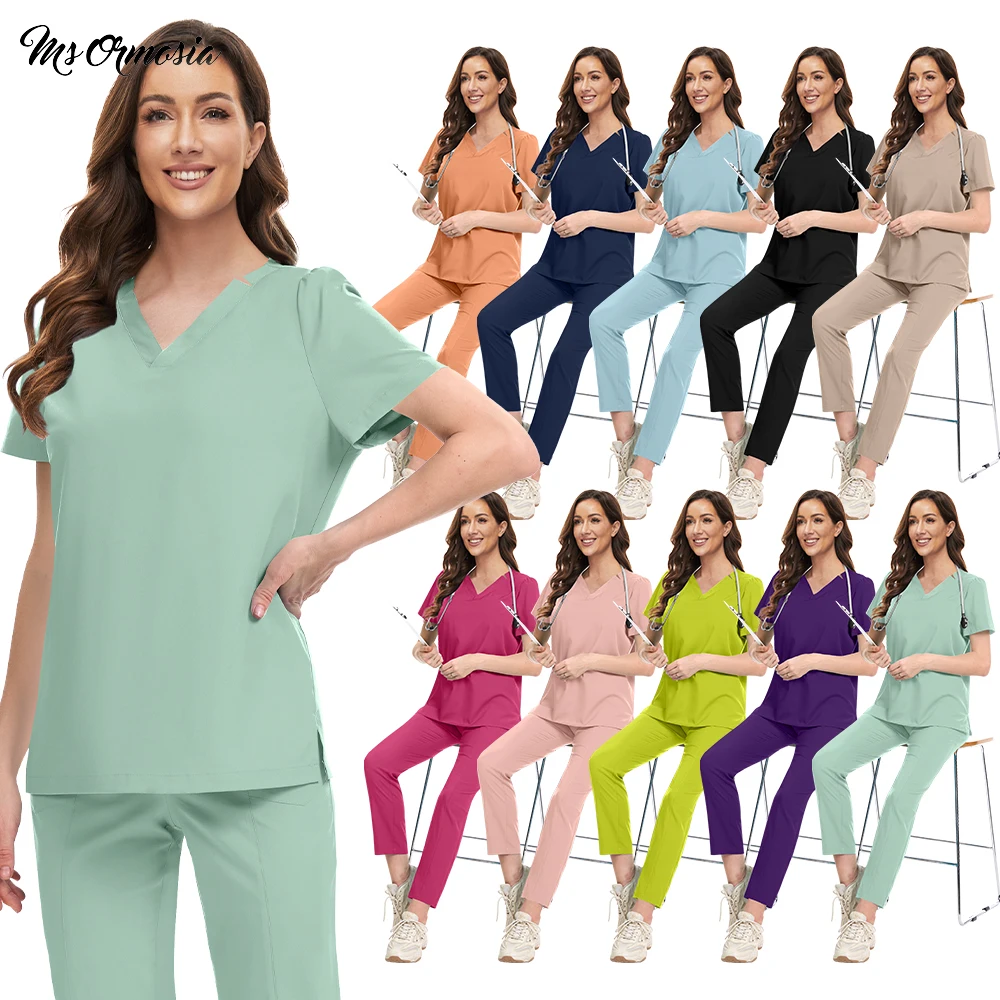 Pet Grooming Care Workwear Nurse Scrub Set Medical Surgery Uniform Operating Room Suit Short Sleeve Blouse Elastic Straight Pant