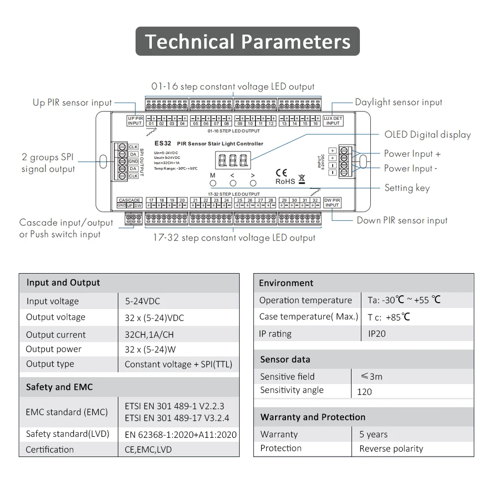 32CH ES32 PIR Controller per luci per gradini per scale 12V Sensore di movimento a LED Luce notturna Interruttore induttivo a infrarossi per scale Striscia flessibile