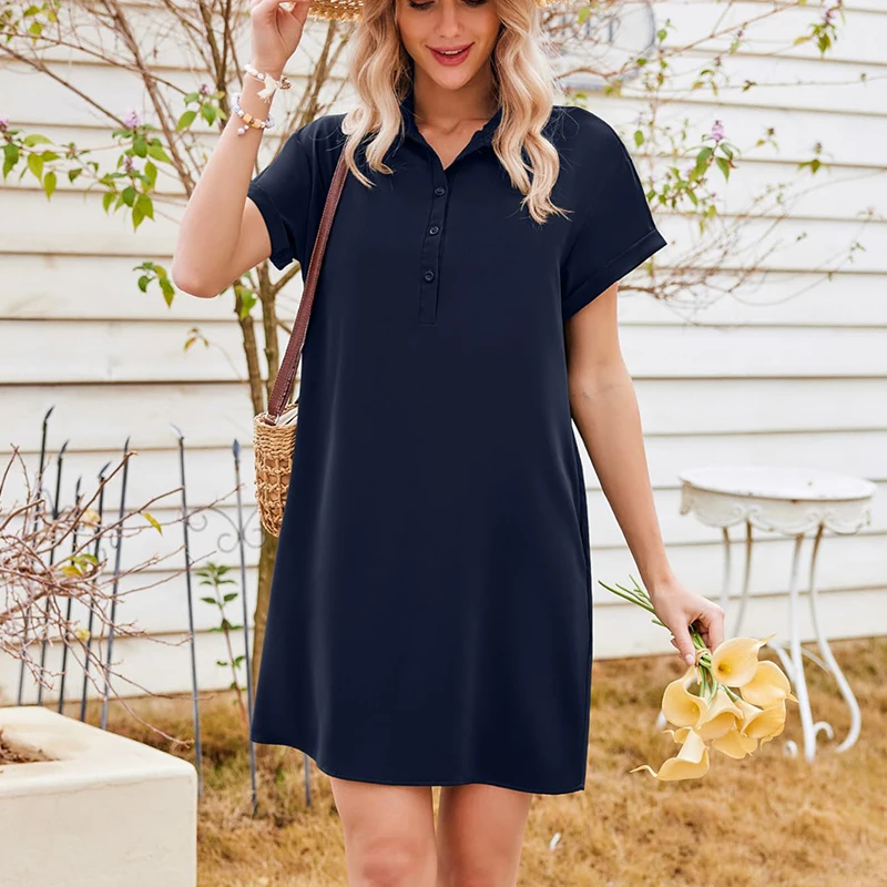 Women's Cotton Shirt Dresses Summer Casual Short Sleeve Beach Boho Floral Cover Up Sundress Loose Shift Polo Collar Midi Dresses