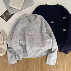 Women's Bow Winter Sweater O-Neck Long Sleeve Fashion Japanese Cute Y2K College 90s Retro 2000s Warm Top Sweater 2024 Clothing