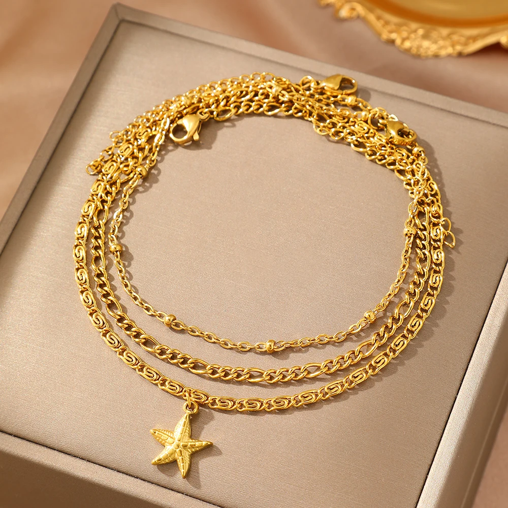 Stainless Steel Anklet Starfish Triple Stacking Chain Light Luxury Fashion Elegant Ladies Anklet Jewelry Party Daily Match